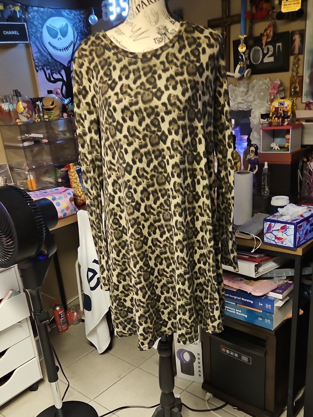 SHEIN Beige and Black Leopard Print Long Sleeve Swing Dress